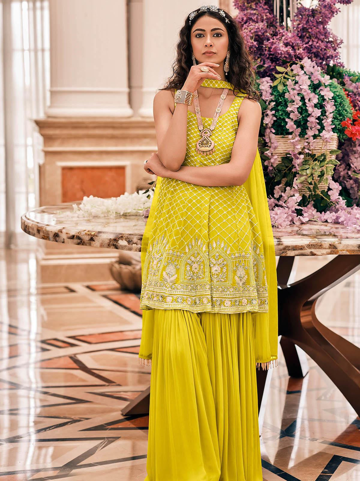 Buy Mustard Yellow Resham Embroidered Georgette Sharara Suit Online |  Samyakk